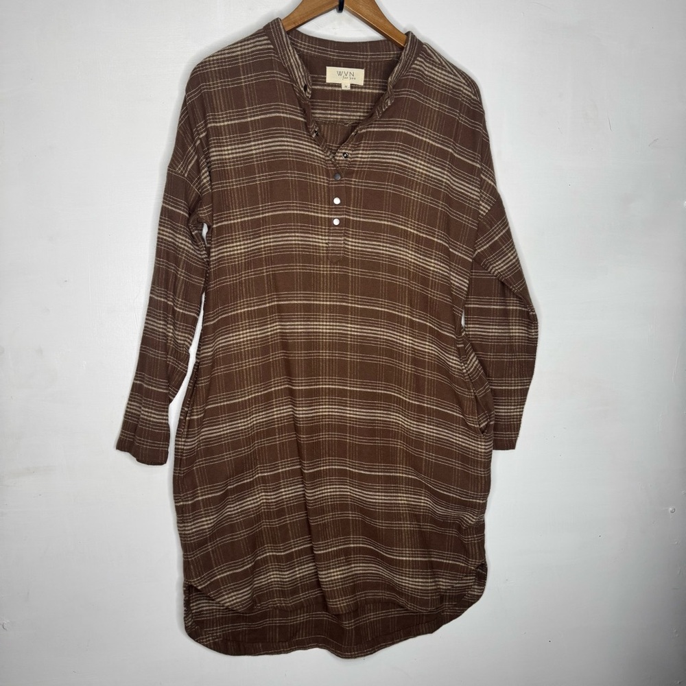 WVN for you Brown Plaid Long Sleeve Tunic shirt dress